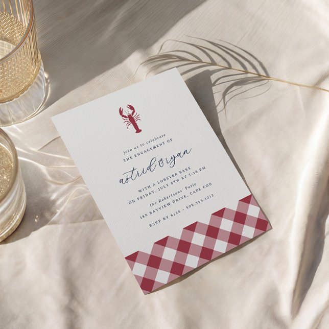 Convite Red Gingham | Festa de noivado de Assar de lagosta (Coastal lobster bake engagement party invitations)