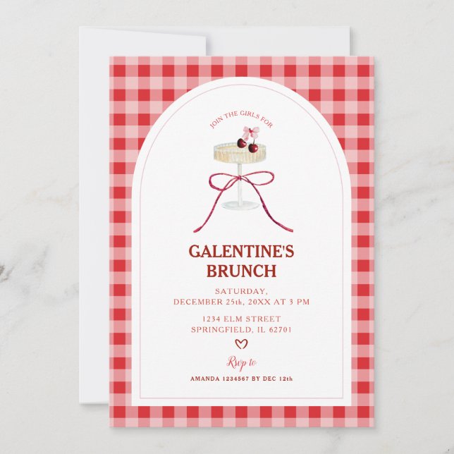 Convite Red Gingham Galentine’s Brunch Cherry Cocktail  (Frente)