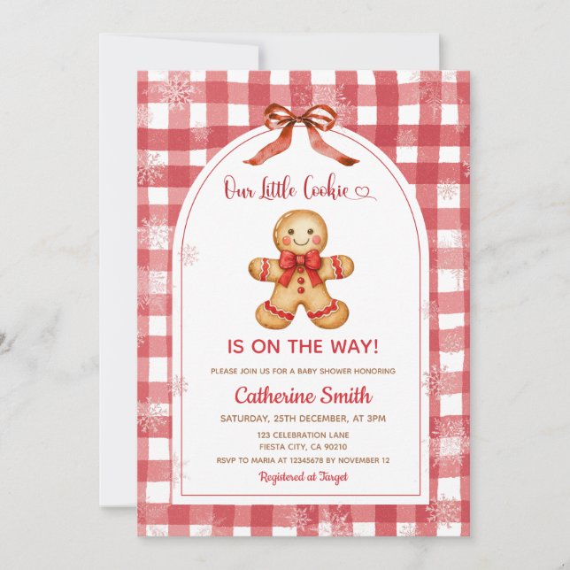 Convite Red Gingham Gingerbread Christmas Baby Shower  (Frente)