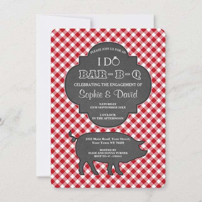 Convite Red Gingham I DO BARBEQUE Noivado Chalk Invite (Frente)