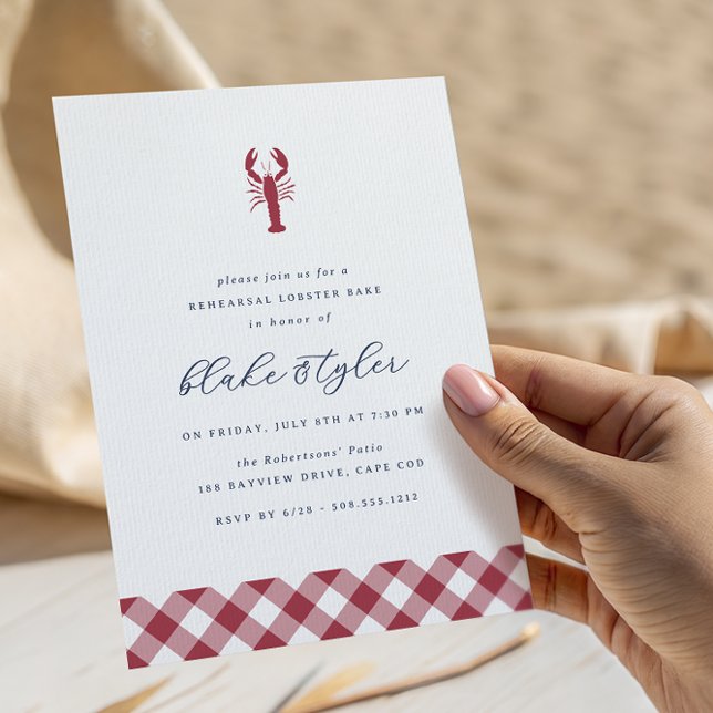 Convite Red Gingham | Janto de ensaio do Assar de lagosta (Coastal lobster bake rehearsal dinner invitations)