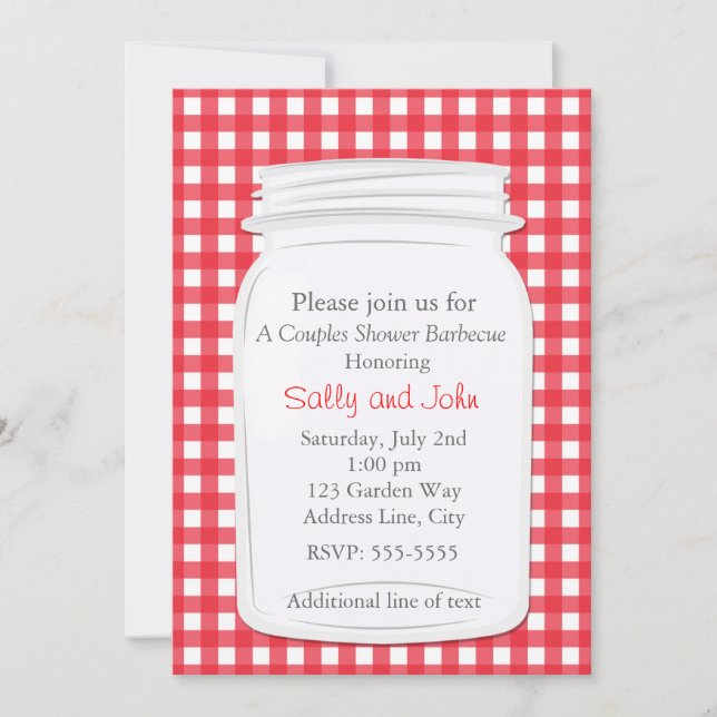 Convite Red Gingham Mason Jar Country Picnic Summer Invite (Frente)