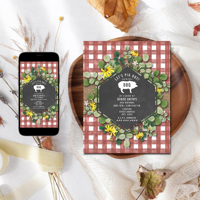 Convite Red Gingham Pig Burlap Floral Birday Churrasco (Criador carregado)