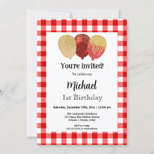 Convite Red Gingham, primeiro aniversario dos Balões do Pa