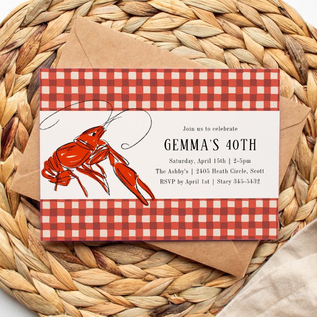 Convite Red Gingham rawfish Boil Seafood Summer Party (Red gingham frames this boiled crawfish birthday party invitation.)