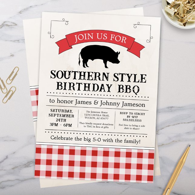Convite Red Gingham Southern CHURRASCO Pig Roast Birday (Southern Barbeque Birthday party cookout rustic gingham bbq celebration invitation)