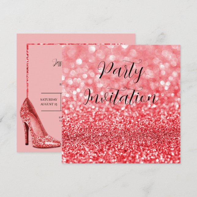 Convite Red Glitter Bokeh e Stilettos Aniversário (Frente/Verso)