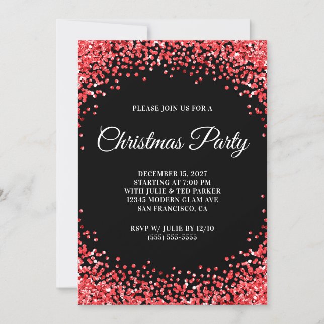 Convite Red Glitter Border Black Christmas Party (Frente)