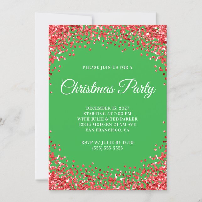 Convite Red Glitter Border Green Christmas Party (Frente)