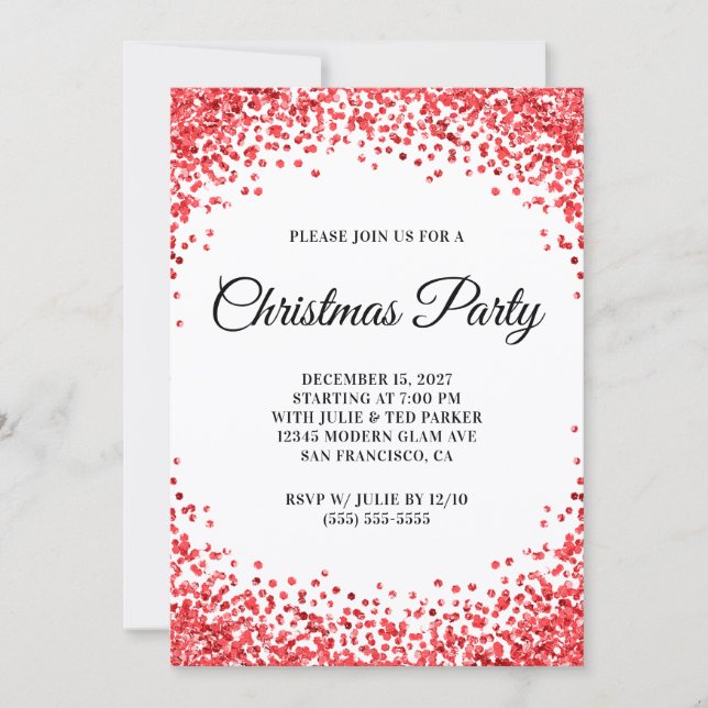 Convite Red Glitter Border White Christmas Party (Frente)