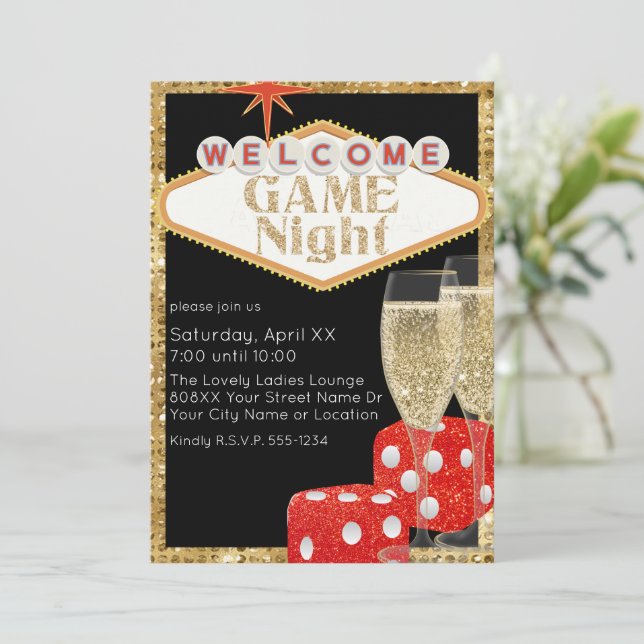 Convite Red Glitter Dice & Champagne Black Game Night (Em pé/Frente)