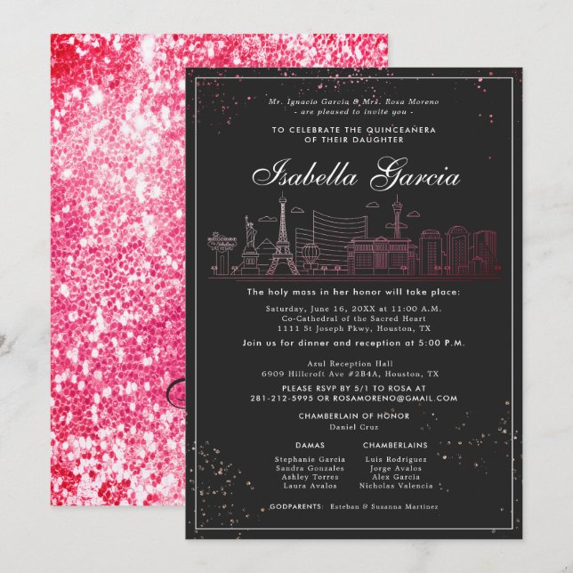 Convite Red Glitter Las Vegas Quinceañera Birthday (Frente/Verso)