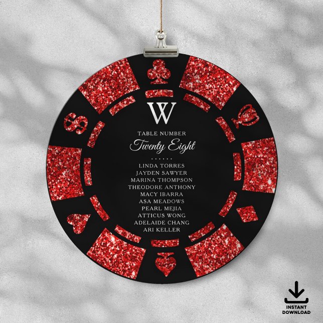 Convite Red Glitter Monogram Poker Chip Casino Wedding (Criador carregado)