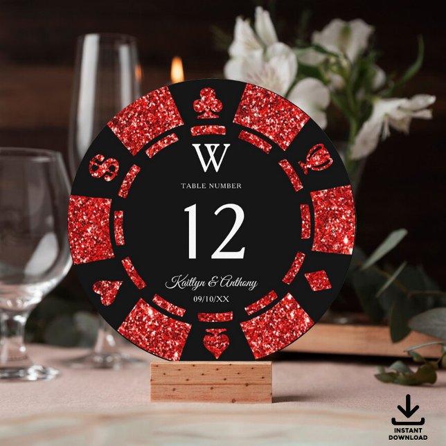 Convite Red Glitter Monogram Poker Chip Casino Wedding (Criador carregado)