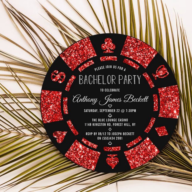 Convite Red Glitter Poker Chip Las Vegas BachelParty (Criador carregado)