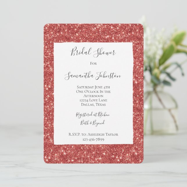 Convite Red Glitzy Glitter Sparkle Bridal Shower (Em pé/Frente)