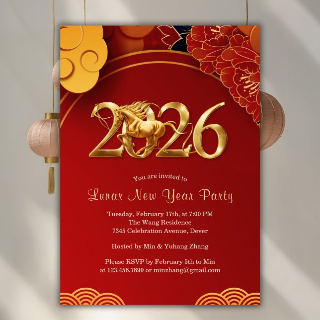 Convite Red Gold 2026 Horse Chinese Lunar New Year Party (Red Gold 2026 Horse Chinese Lunar New Year Party Invitation)