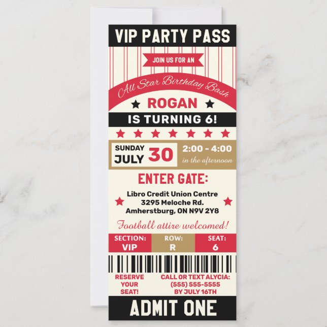Convite Red, Gold & Black Sports VIP Ticket Birthday Party (Frente)