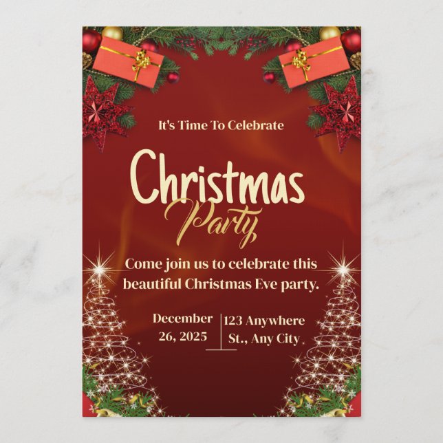 Convite Red & Gold Christmas Eve Party Invitation Card (Frente)