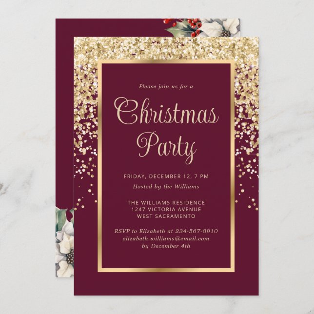 Convite Red Gold Confetti Botanical Christmas Party (Frente/Verso)