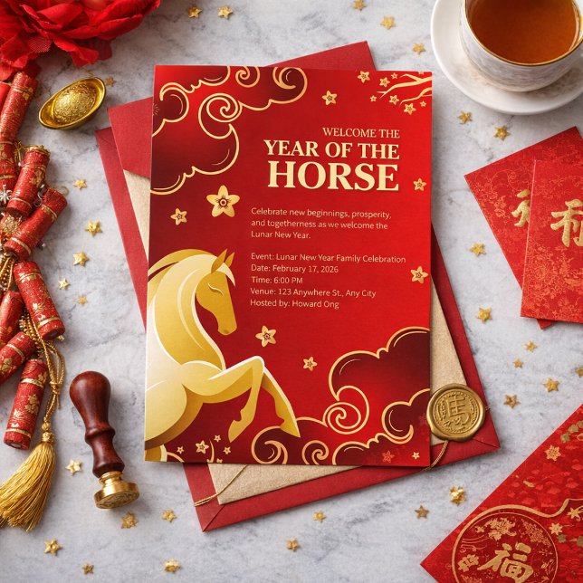 Convite Red Gold Elegant Lunar New Year Horse (Criador carregado)