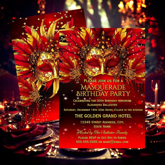 Convite Red Gold Feathered Masks Masquerade Birthday Party (Criador carregado)