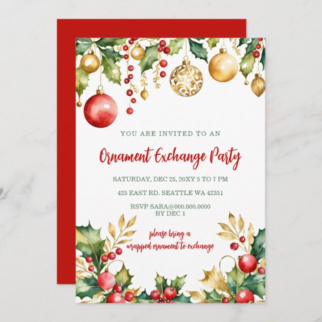 Convite Red Gold Festive Ornament Exchange Christmas Party (Frente/Verso)