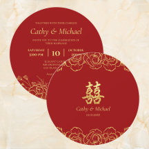 Red gold floral border chinese casamento duplo xi