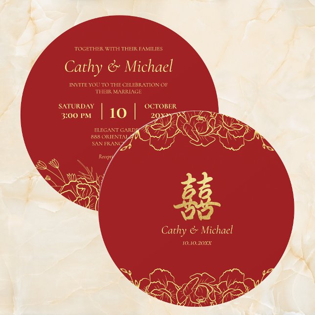 Convite Red gold floral border chinese casamento duplo xi (Criador carregado)