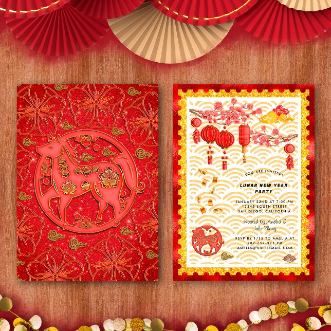 Convite Red Gold Floral Horse 2026 Chinese New Year Party (Criador carregado)