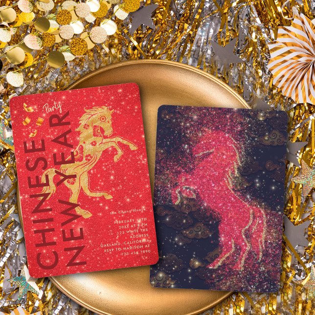 Convite Red Gold Glitter Horse Lunar New Year Party (Criador carregado)