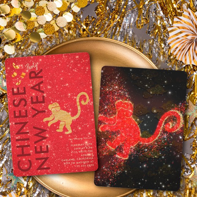 Convite Red Gold Glitter Monkey Lunar New Year Party (Criador carregado)