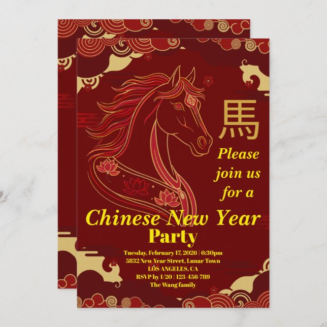 Convite Red & Gold Happy Chinese year of the Horse  (Frente/Verso)