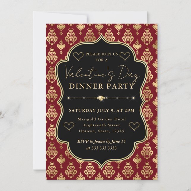 Convite Red & Gold Heart Damask Valentine's Dinner Party (Frente)