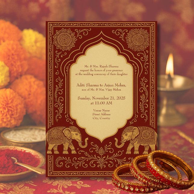Convite red gold hindu elephant ornate mandala wedding (Criador carregado)