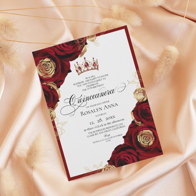 Convite Red Gold Roses Princess Quinceañera  (Criador carregado)