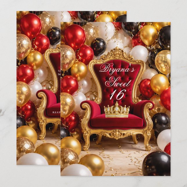 Convite Red & Gold Royal Chair & Crown Birthday Party (Frente/Verso)