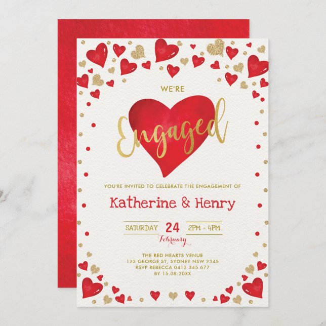 Convite Red Gold Valentines Sweetheart Engagement Party (Frente/Verso)