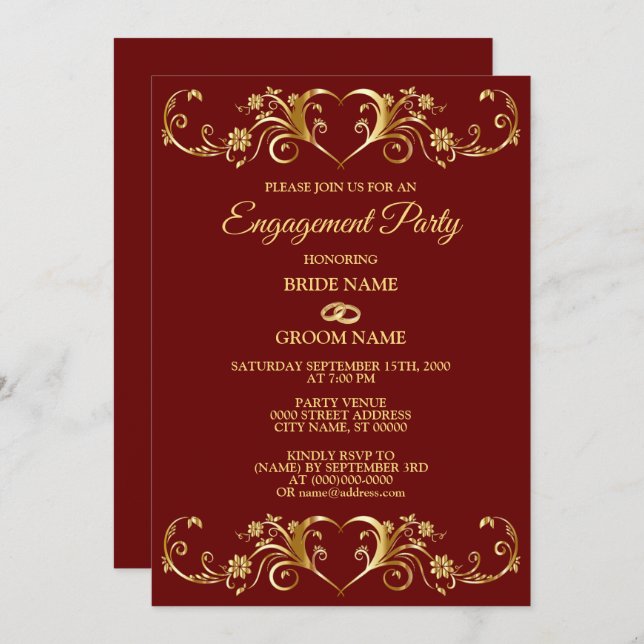 Convite Red Golden Geometric Elegant Engagement Party (Frente/Verso)