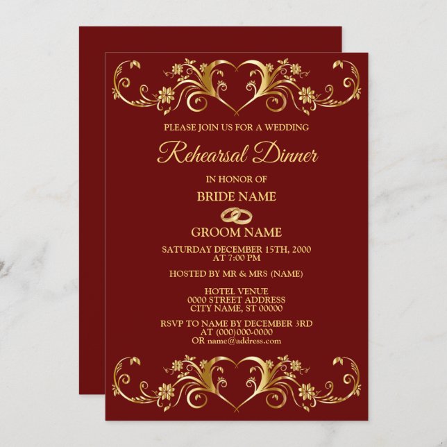 Convite Red Golden Geometric Wedding Rehearsal Dinner (Frente/Verso)