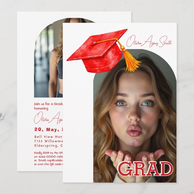Convite Red Graduation Hat Accent Dual‑Photo QR Code (Frente/Verso)