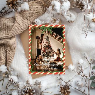 Convite Red Green Christmas Family Photo Greeting Card