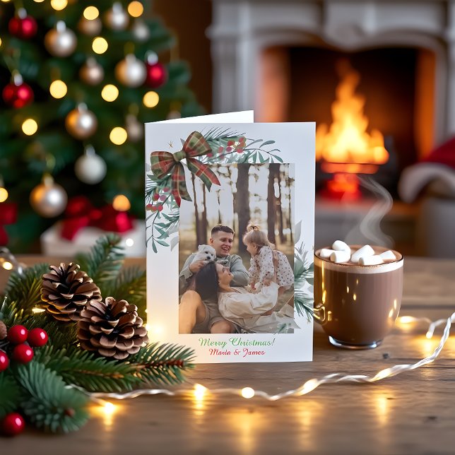 Convite Red Green Christmas Plaid  Photo Holiday Card (Criador carregado)