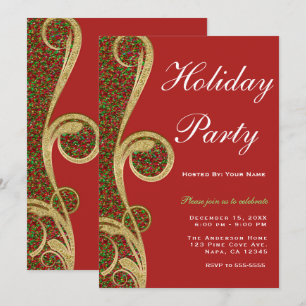 Convite Red Green Gold Swirl Festa de Natal