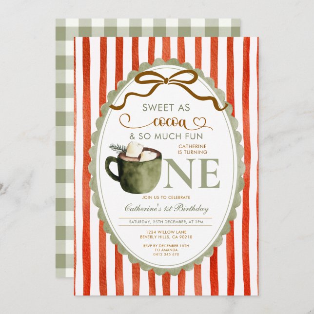 Convite Red Green Hot Cocoa 1st birthday Gingham (Frente/Verso)
