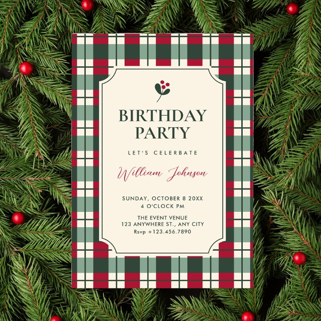 Convite Red green plaid tartan pattern birthday (Criador carregado)