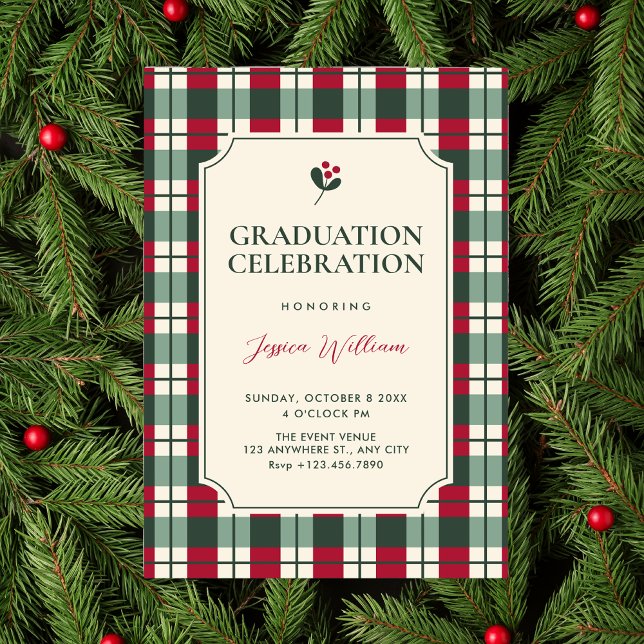 Convite Red green plaid tartan pattern graduation (Criador carregado)