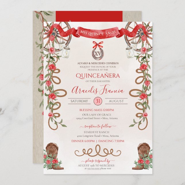 Convite Red Green Rustic Boho Western Charra Quinceanera (Frente/Verso)