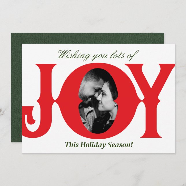 Convite Red & Green White Holiday JOY Photo Christmas Card (Frente/Verso)