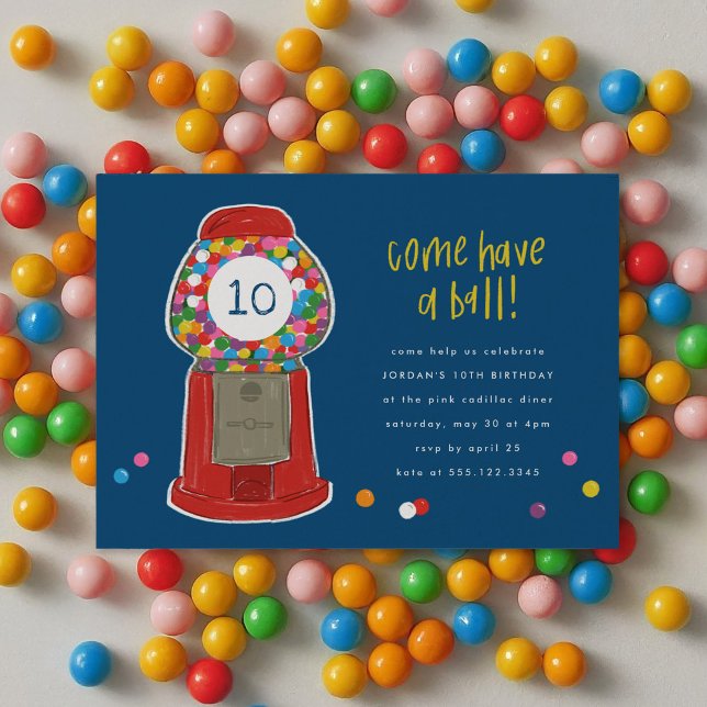 Convite Red Gumball Machine Candy Bubble Gum Aniversário (Red Gumball Machine Candy Bubble Gum Birthday Invitation)
